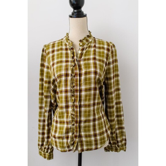 LOFT womens M olive green plaid ruffle button up shirt - Picture 1 of 4